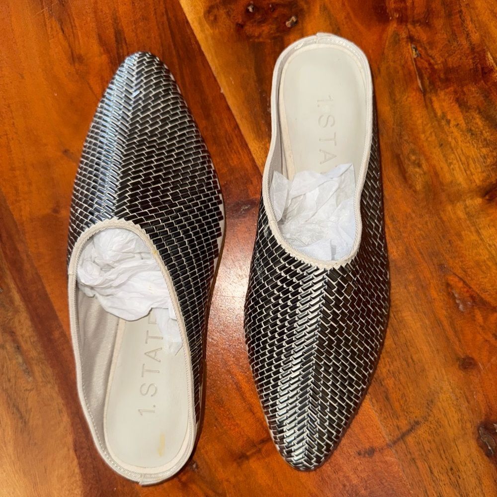 1 STATE “Batten” Pointed Toe Mules – Woven Leather Slip-On Shoes Sz 5.5M new